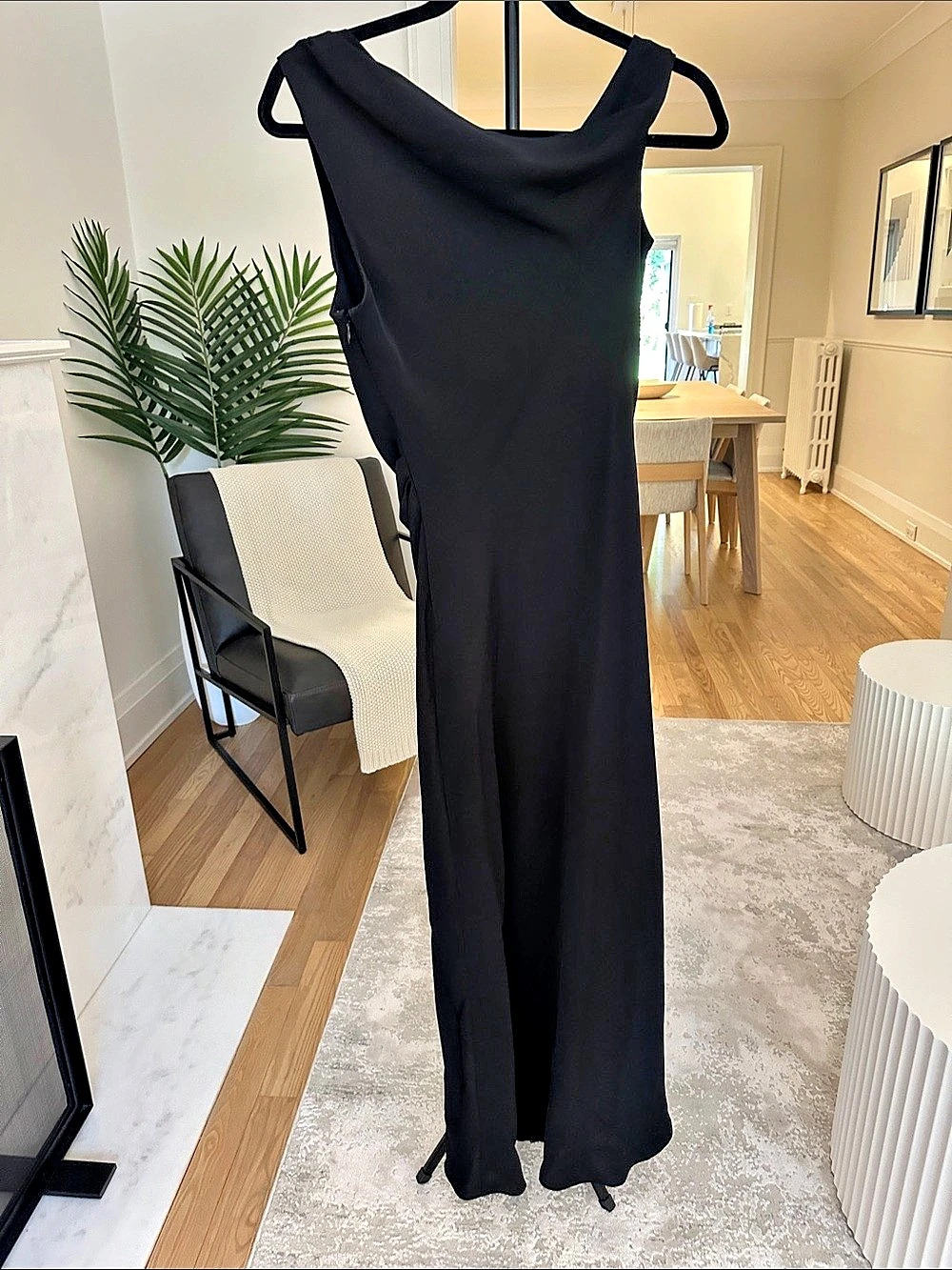 Aritzia Formal Matte Satin Black Ankle Length Dress Asymmetrical Shoulder and Ne - Picture 3 of 3